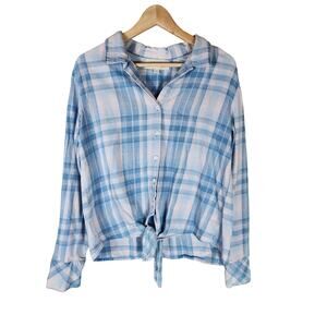 CLOTH & STONE ANTHROPOLOGIE Blue Pink Plaid Tie Front Soft Casual SZ S